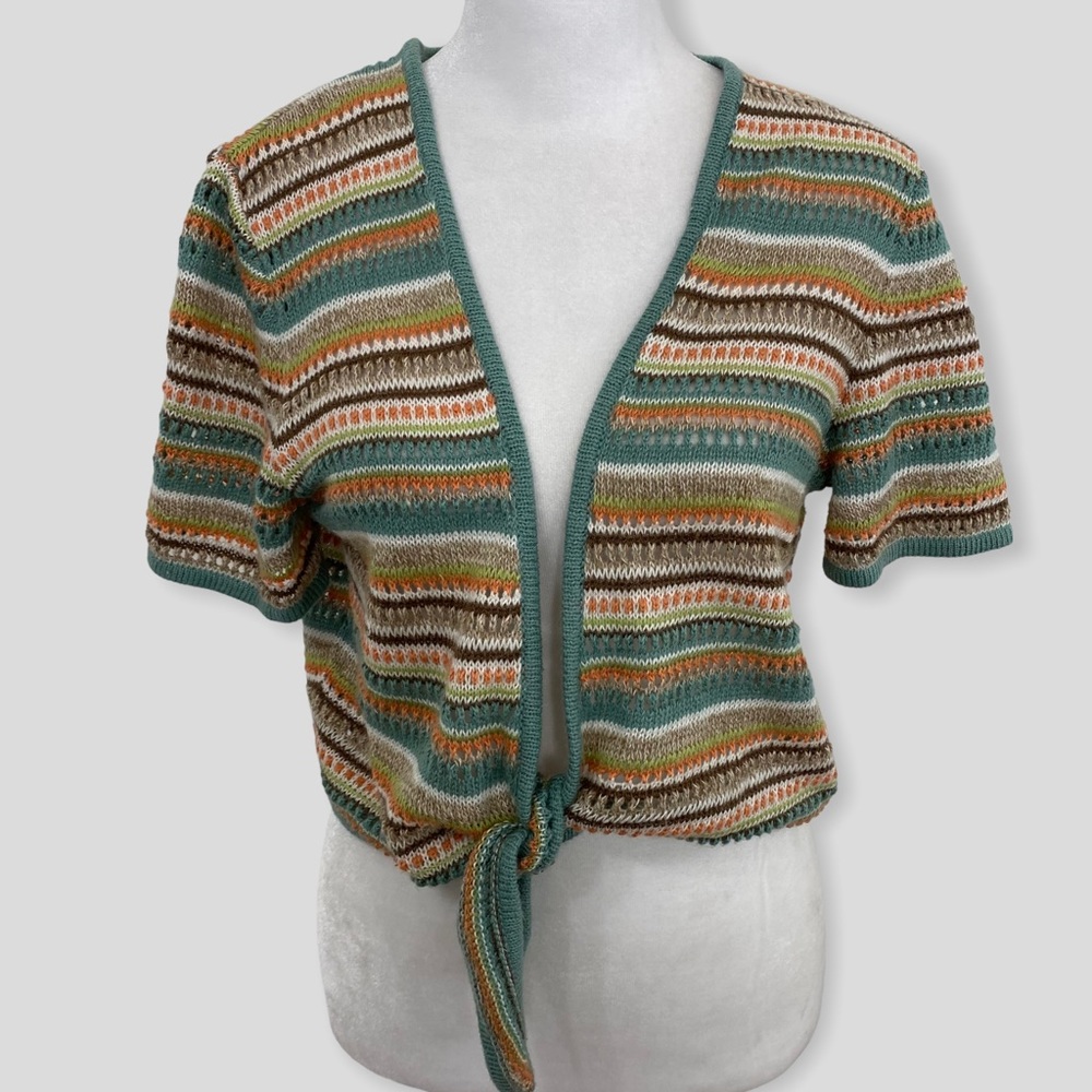 Alfred Dunner Retro Multicolor Stripe Knit Tie Front Crop Top Medium